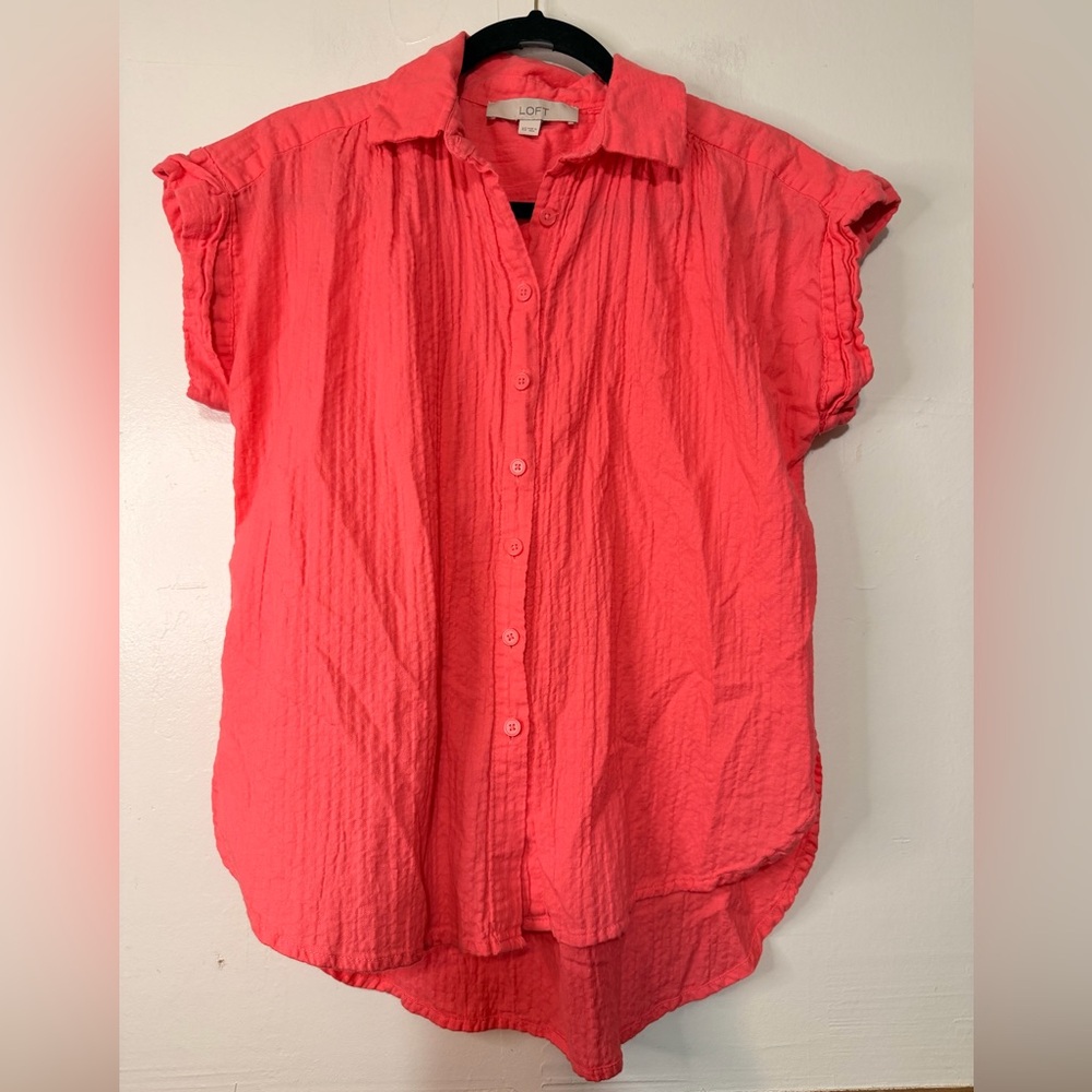 LOFT Coral Crinkle Button-Down Blouse